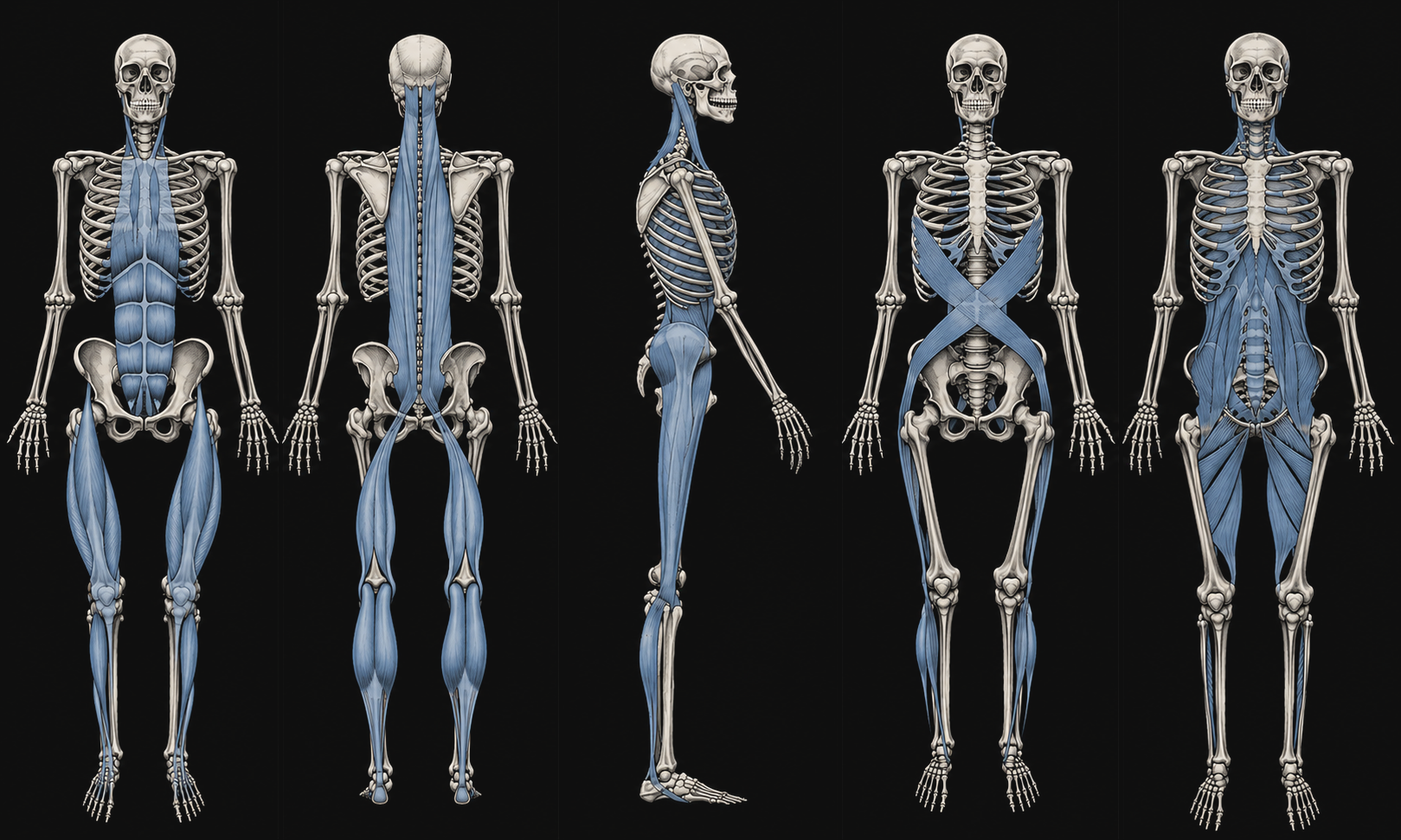Five skeletons, each highlighting one fascial chain of the Anatomy Trains tensegrity system