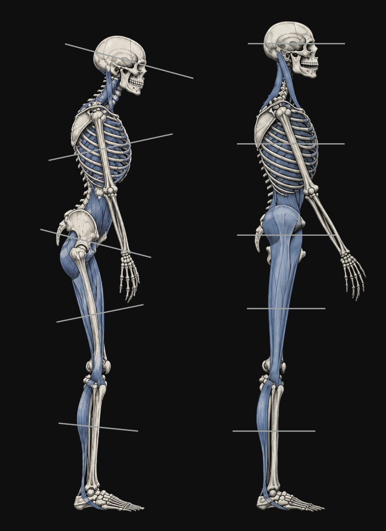 Two skeletons in profile: a collapsed, head-forward structure beside an upright, integrated structure